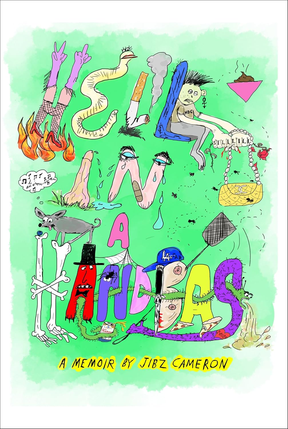 Cover art for 'Hell in a Handbag' by Jibz Cameron, featuring an avant-garde and eccentric design that reflects her alter ego, Dynasty Handbag.